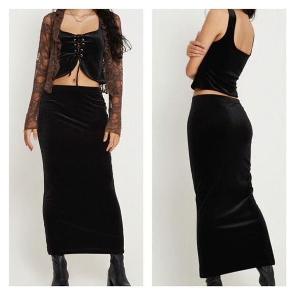 Vintage Tailor B. Moss Witchy Goth Velvet Silk Blend Midi Skirt Black Size 8 90s - Picture 1 of 11